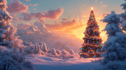 A snowy landscape with a glowing sunset casting warm hues over a decorated Christmas tree standing in the foreground 