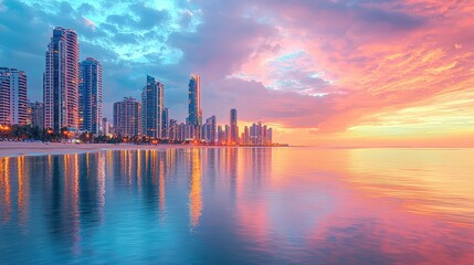 Fototapeta premium A vibrant oceanfront city at sunset with glowing skyscrapers reflecting in the calm water. The skyline is adorned with modern architecture and neon accents. A breathtaking fusion of natural 