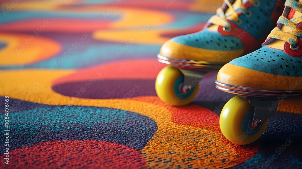 Poster a close-up of brightly colored roller skates and a patterned carpet, reminiscent of a retro skating 