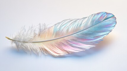 A solitary feather, shimmering with iridescent hues and intricate patterns, epitomizes nature's exquisite artistry against a stark white backdrop