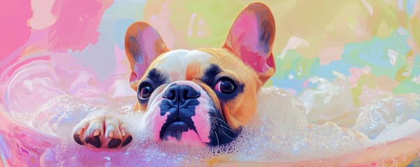 Adorable French Bulldog Enjoying a Bubble Bath. Generative AI image