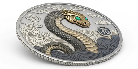 Obraz premium S with Gemstone Eyes Coin A decorative coin showcasing a serpent with sparkling gemstonelike eyes surrounded by a swirl of clouds to represent fortune and luck.