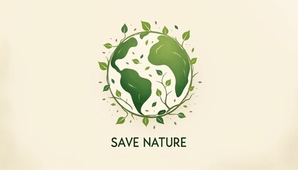 Minimalistic "Save Nature" poster featuring a green Earth symbol made of leaves and plants on a beige background