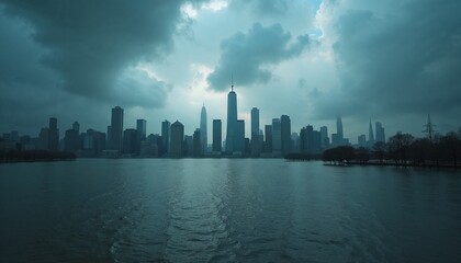 Wide-angle view of modern city skyline partially submerged in water under storm clouds creating somber atmosphere