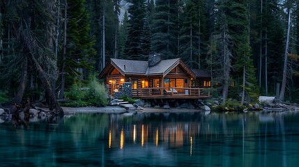 Cozy wooden cabin nestled on a serene lake, surrounded by a dense forest at night. The scene is calm and peaceful.