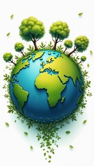 Vibrant illustration of Earth with lush greenery and trees symbolizing environmental awareness and sustainability
