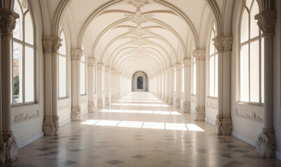 Obraz premium Grand arched hallway with white columns and walls, illuminated by natural light coming from tall windows.