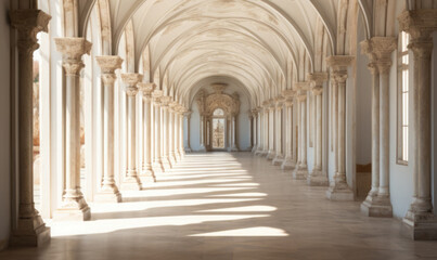 Grand hallway with tall arches and columns, radiating sunlight. The hallway appears to be in a large building, possibly a museum or a government building.