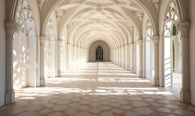Fototapeta premium Grand hallway with high ceilings and arched doorways.