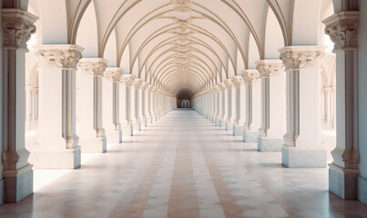 Grand hallway with arches, columns, and a high ceiling. It is a long corridor with a light blue and white color scheme.