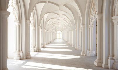 Long, narrow hallway with high arched ceilings and white walls, illuminated by natural light from a large arched window at the far end.