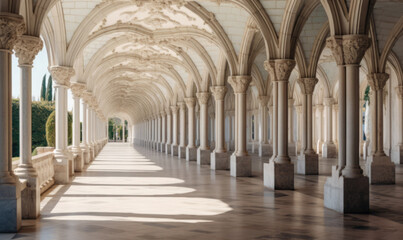 A long hallway with arched ceilings and white walls is part of a large building, perhaps a church or institution.