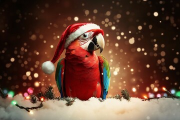 A cute  parrot wearing a Santa hat on a red background