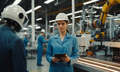 Obraz premium Female worker programs an AI robot in a factory, worried about job loss to automation.