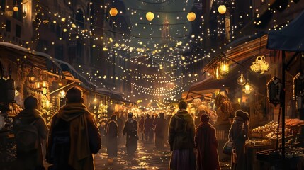 Obraz premium A crowded street market with merchants selling their goods under strings of ling fairy lights.