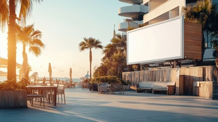 Fototapeta premium Sunny beachfront with modern architecture, palm trees, and calm ambiance.