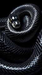Obraz premium Majestic Black Snake wallpaper with Shiny Scales and Intense Amber Eyes, Displaying Its Graceful and Powerful Beauty.