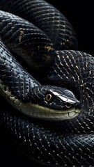 Obraz premium Majestic Black Snake wallpaper with Shiny Scales and Intense Amber Eyes, Displaying Its Graceful and Powerful Beauty.