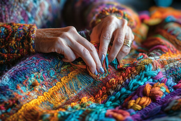 Experienced hands creating textile art with vivid yarns.