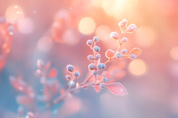 Soft pastel light illuminating frost-covered winter branches and tiny buds in serene scene. Seasonal tranquility concept