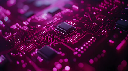 Obraz premium Circuit Board with Pink Glowing Lights - Abstract Background