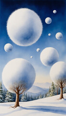 Watercolor painting of whimsical snow-covered trees and floating snowballs in bright winter landscape with copy space