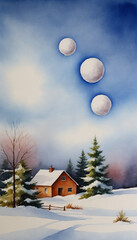 Watercolor painting of snowy landscape with house and snowballs in the sky on winter day with copy space