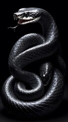 Obraz premium Majestic Black Snake wallpaper with Shiny Scales and Intense Amber Eyes, Displaying Its Graceful and Powerful Beauty.