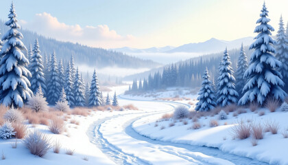 Winter landscape with a winding river and snow-covered trees in a serene mountain setting