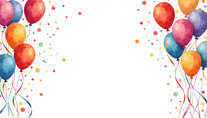 Colorful watercolor balloons and confetti on a white background with copy space
