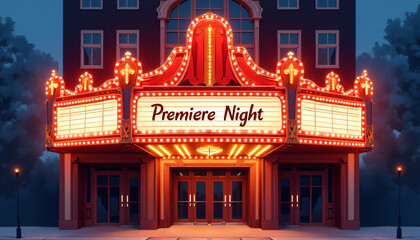 Theater marquee sign for Premiere Night with illuminated lights and classic design