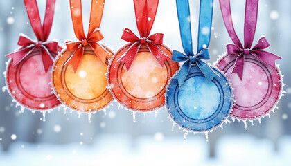 Colorful medals with ribbons on a snowy background for awards concept