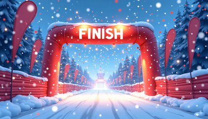 Winter sports finish line archway with snow and festive decorations in a snowy landscape