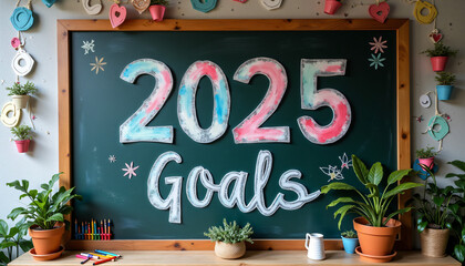 Colorful 2025 goals displayed on a chalkboard with plants and decorations for motivation concept