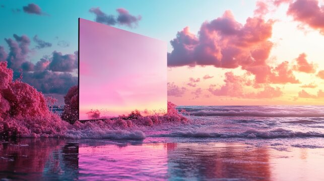 Surreal beach scene with mirror reflecting vibrant sunset sky and colorful clouds.