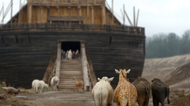 Ancient ark journey - Noah guiding animals onto ark, symbolizing survival, hope in face of a great flood, depicting scene of unity among diverse creatures as they embark on a historic rescue.