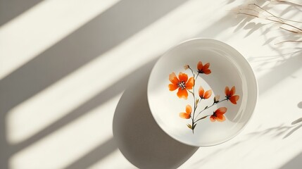 Serene Minimalist Composition with White Ceramic Bowl Featuring Vibrant Floral Design and Gentle Lighting