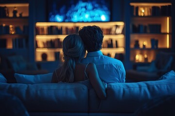 Naklejka premium Romantic Movie Night Couple cuddling on sofa, enjoying intimate moments together, watching a heartwarming film, expressions of love and affection, sharing closeness and connection, experiencing a