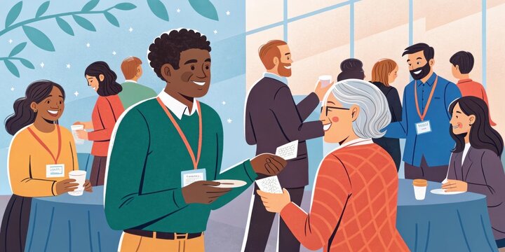 Professionals are exchanging business cards and making new connections at a vibrant corporate networking event, fostering collaboration and building relationships in the industry