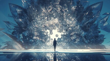 Fototapeta premium A lone figure stood in front of a mirrored wall their reflection multiplying and distorting in a trippy and surreal manner.