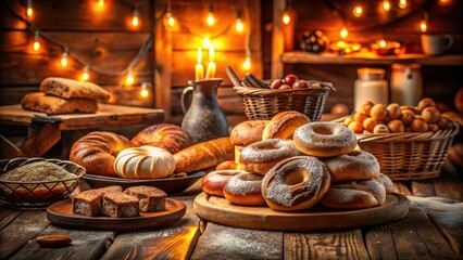 Rustic Night Bakery Display of Freshly Baked Bread and Sweet Donuts on Wooden Plate