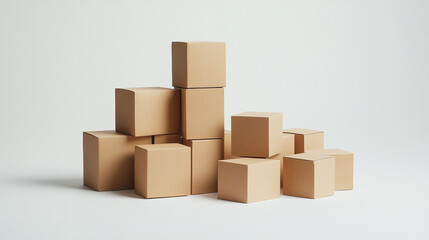 Stacked cardboard boxes arranged on a neutral backdrop in a minimalistic setting