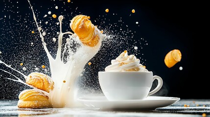A dynamic shot of a cup of coffee with splashing milk and yellow pastries, highlighting a delicious dessert scene.