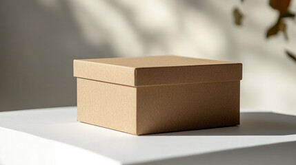 Simple brown cardboard box displayed on white surface with soft natural light in a minimal setting
