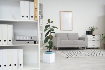 Interior of light office with shelf unit and sofa