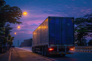 Obraz premium A large blue semi truck is driving down a street at night