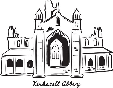 Kirkstall Abbey ink illustration. Medieval historical architecture house sketches. UK landmark vector illustration. Architecture minimal drawings in black and white. Isolated on white