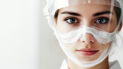 A close-up of a woman wearing a protective face shield, emphasizing safety and health measures.