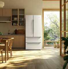 Double Door Refrigerator in a Spacious Kitchen with Sunlight and Potted Green Plants