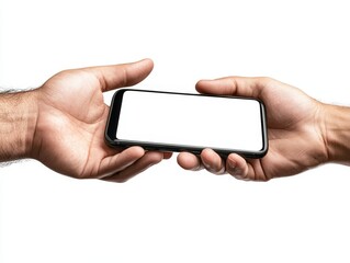 Two hands exchanging a smartphone with a blank screen, symbolizing communication and sharing.